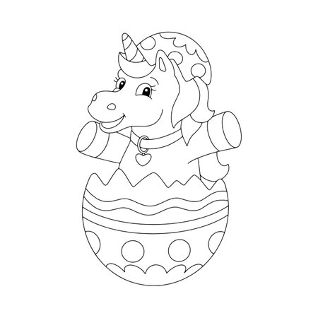 The unicorn jumps out of the Easter egg. Coloring book page for kids. Cartoon style character. Vector illustration isolated on white background.のイラスト素材
