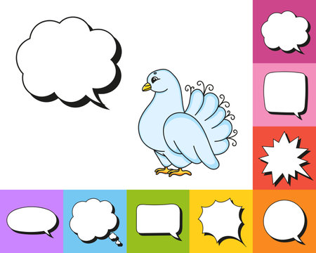 Speech bubble of different shape. With a cute cartoon character. hand drawn. thinking balloons. isolated on white background. vector illustration.のイラスト素材