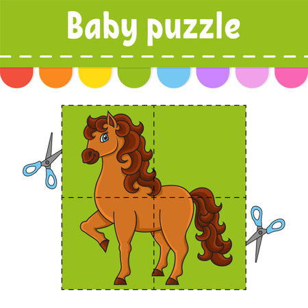 Baby puzzle. Easy level. Cute horse. Farm animal. Flash cards. Cut and play. Color activity worksheet. Game for children. Coon character.のイラスト素材