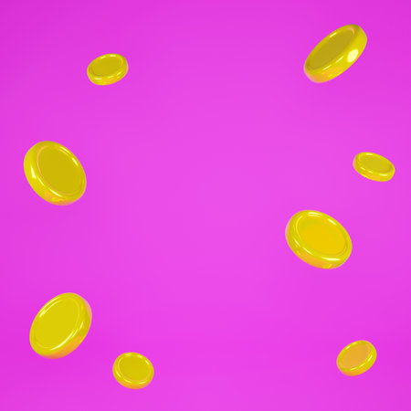Gold coins fall down. Symbol of wealth and prosperity. Colorful pink wallpaper. Trendy illustration design. 3d rendering.の写真素材