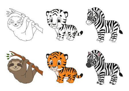 Set coloring page for kids. Cute cartoon characters. Black stroke. With sample. Bright stickers. Vector illustration.のイラスト素材