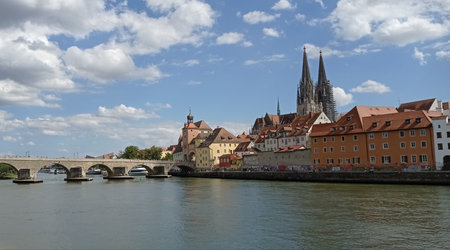 Regensburg, Germany. Skyline including the stone bridge over the Danube River, Saint Peter's Church and Regensburg Town Hall in the city of Regensburg.の写真素材