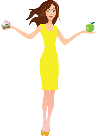 Girl holding apple in one hand and cake in another, healthy food conceptのイラスト素材