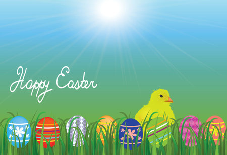 Chick in the meadow with colorful Easter eggs