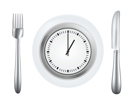 Plate with fork and knife and clock in the plate, meal time concept, vectorのイラスト素材