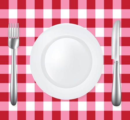 Empty plate with fork and knife on picnic tablecloth, vectorのイラスト素材