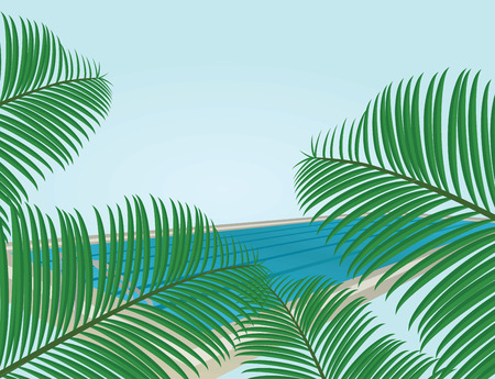 Summer card. Palm leafs in front of swimming pool on sunny day. vector illustrationのイラスト素材