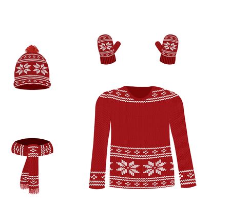 Red winter knitted set. vector illustrationのイラスト素材