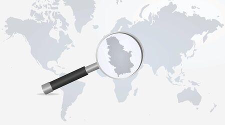 Serbia on magnifying glass in world map. vector illustrationのイラスト素材