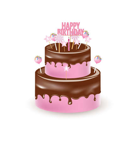 Big pink birthday cake with melting chocolate. vector illustrationのイラスト素材