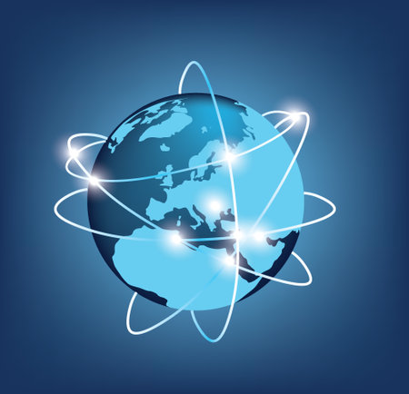 World map on blue background with connection lines. Network concept. Vectorのイラスト素材