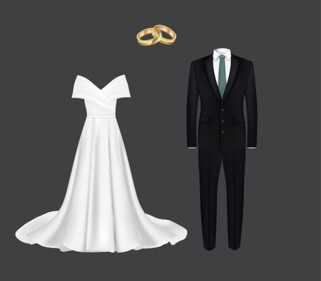 Wedding set. Dresses and rings. vectorのイラスト素材
