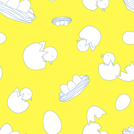 Newborn little birds with eggs and nest on yellow background. Seamless pattern vector illustration.のイラスト素材