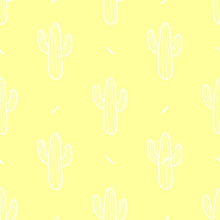 Cactus in white outline on pastel yellow background. Hand drawn style. Seamless pattern vector illustration.のイラスト素材