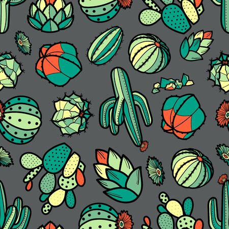 Colorful red and green cactus and succulents in black outline on gray background.のイラスト素材