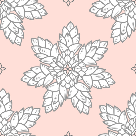 Combined succulents in gray outline and white plan on pastel pink background. White blossom flowers. Hand drawn style.のイラスト素材