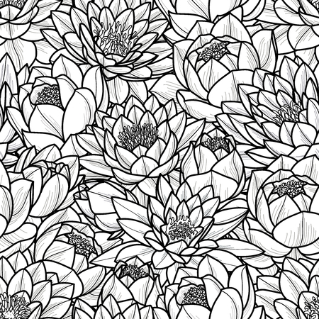 Random lotus flower in black outline on white background. Hand drawn style. Seamless pattern vector illustration.のイラスト素材