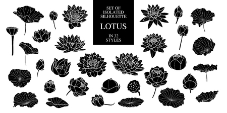 Set of isolated silhouette lotus in 32 styles. Hand drawn style. Vector illustration.のイラスト素材