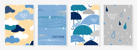 Set of 4 happy rainy day covers design. Cute poster template in pastel tone. Vector illustration.のイラスト素材