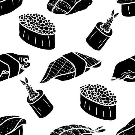 6 silhouette sushi and roll on white blackground. Cute japanese food illustration hand drawn style. Seamless patterm.のイラスト素材