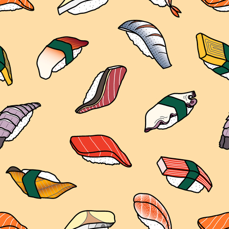 A lot of colorful sushi random on pastel pink background. Cute japanese food illustration hand drawn style. Seamless pattern design.のイラスト素材