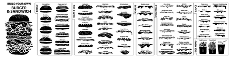 Set of hand drawn style isolated ingredients for build your own burger and sandwich in black and whiteのイラスト素材