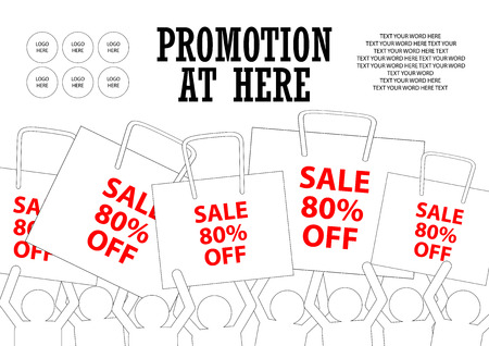 Poster design for sale event in simple style with space for texting your word. Background template for your sales promotion. People raised shopping bags with space for add logos on white background.のイラスト素材
