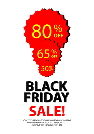Poster design for sale event in simple style with space for texting your word. Background template for Black Friday sale. Red labels with yellow discount percent off texts on white background.のイラスト素材