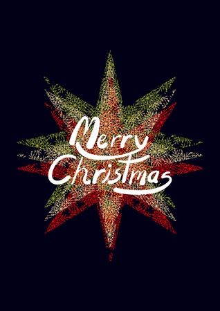 Poster design for Christmas in simple flat style. Background design with red, green and cream stars and white text in the middle of the picture on dark blue background.のイラスト素材
