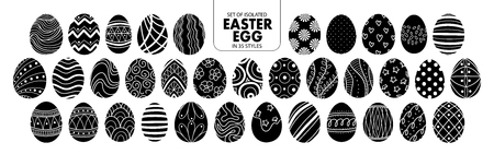 Set of isolated silhouette Easter eggs in 35 styles. Cute hand drawn vector illustration in white outline and  black plane on white background.のイラスト素材