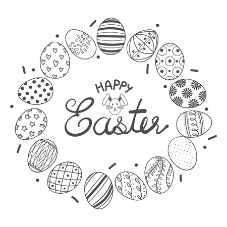 Cute Easter eggs in gray outline enclose text at the center. Poster or logo design for Easter festival in vector illustration.のイラスト素材