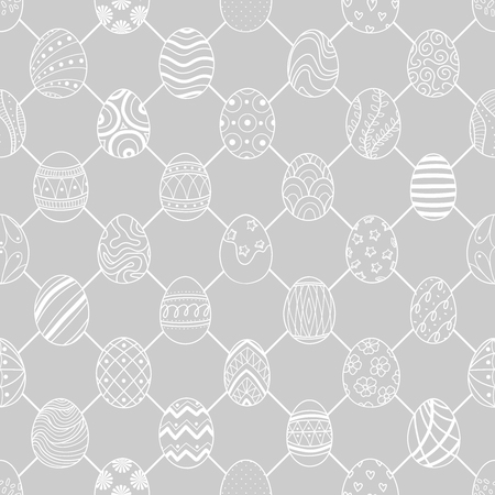 Cute Easter eggs in white outline are at junctions on light gray background. Cute hand drawn seamless pattern design for Easter festival in vector illustration.のイラスト素材