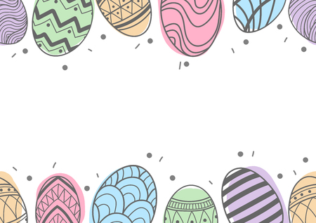 Easter eggs in gray outline and colorful plane line up at top and bottom of picture on white background. Cute hand drawn seamless pattern design for Easter festival in vector illustration.のイラスト素材