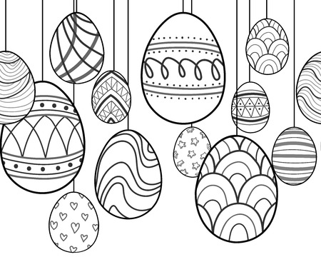 Easter eggs in black outline and white plane hang on white background. Cute hand drawn seamless pattern design for Easter festival in vector illustration.のイラスト素材
