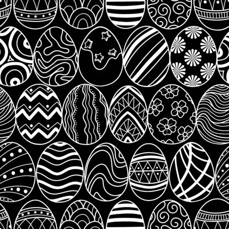 Easter eggs in white outline line up on black ackground. Cute hand drawn seamless pattern design for Easter festival in vector illustration.のイラスト素材