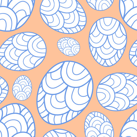 Easter eggs in blue outline and white plane random on pink background. Cute hand drawn seamless pattern design for Easter festival in vector illustration.のイラスト素材