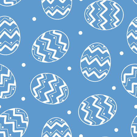 Easter eggs in white outline with white dots random on blue background. Cute hand drawn seamless pattern design for Easter festival in vector illustration.のイラスト素材