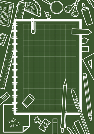 Notebook with space for text place at the center surrounded by stationery. Background design for school and education in vector illustration.のイラスト素材