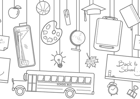 Cute school supplies hang from above in black outline style.Seamless pattern background design for school and education in vector illustration.のイラスト素材