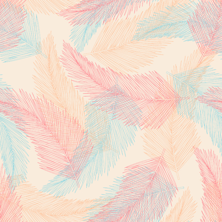 Coconut leaves in red, orange and blue color random on pastel background. Seamless pattern background design for Summer season in vector illustration.のイラスト素材