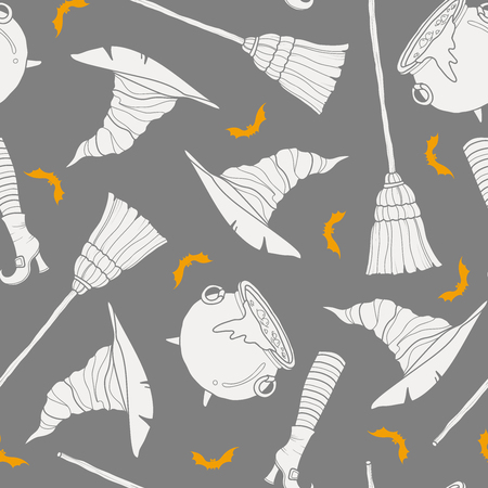 Cute silhouette witch stuff random on gray background. Seamless pattern background design for Halloween event in vector illustration.のイラスト素材