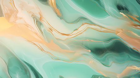 Abstract emerald marble texture with golden lines on glossy surface for background or wallpaper presentation. Colorful stone surface with intricated details for template or book covering design. Aspect ratio 16:9. Generative AI.の素材