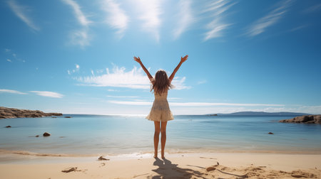 A girl is raising hands and jumping in front of the beach with clear sky in lovely dress. Full body of people in soft light and bright color. Generative AI.の素材