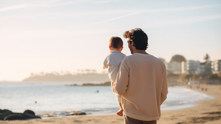 A father holding a toddler in his arms. Standing in front of the beach with clear blue sky. Soft light and bright horizontal image. Generative AI.の素材