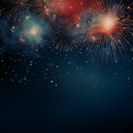 Colorful fireworks illustration with space for text for social media post. Vivid sparking bokeh red, blue and white color on dark blue background. Generative AI.の素材