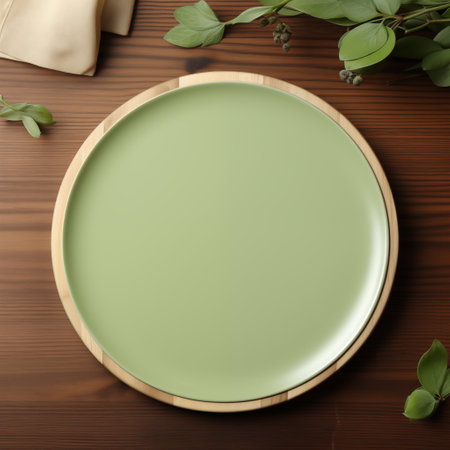 Empty mockup plate background design for social media post in square frame with blank space for text. Template for food commercial post. Top view of blank dish for food arrangement. Green dish on wooden desk with green leaves. Generative AI.の素材