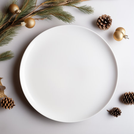 Empty mockup plate background design for social media post in square frame with blank space for text. Template for food commercial post. Top view of blank dish for food arrangement. White dish on white table with Christmas ornaments. Generative AI.の素材