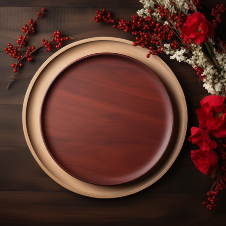 Empty mockup plate background design for social media post in square frame with blank space for text. Template for food commercial post. Top view of blank dish for food arrangement. Wooden dish on wooden plate and desk with flowers. Generative AI.の素材