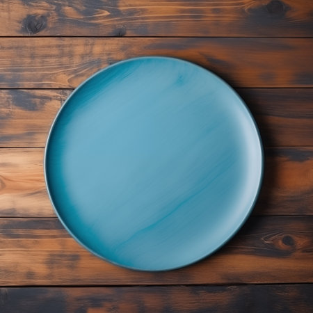 Empty mockup plate background design for social media post in square frame with blank space for text. Template for food commercial post. Top view of blank dish for food arrangement. Blue dish on wooden table. Generative AI.の素材
