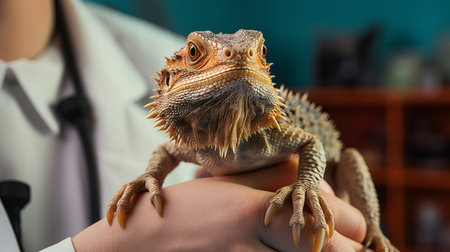A reptile is being held by a veterinarian in an animal hospital veterinary. A close-up realistic picture of an exotic pet. Background for presentation aspect ratio 16:9. Generative AI.の素材